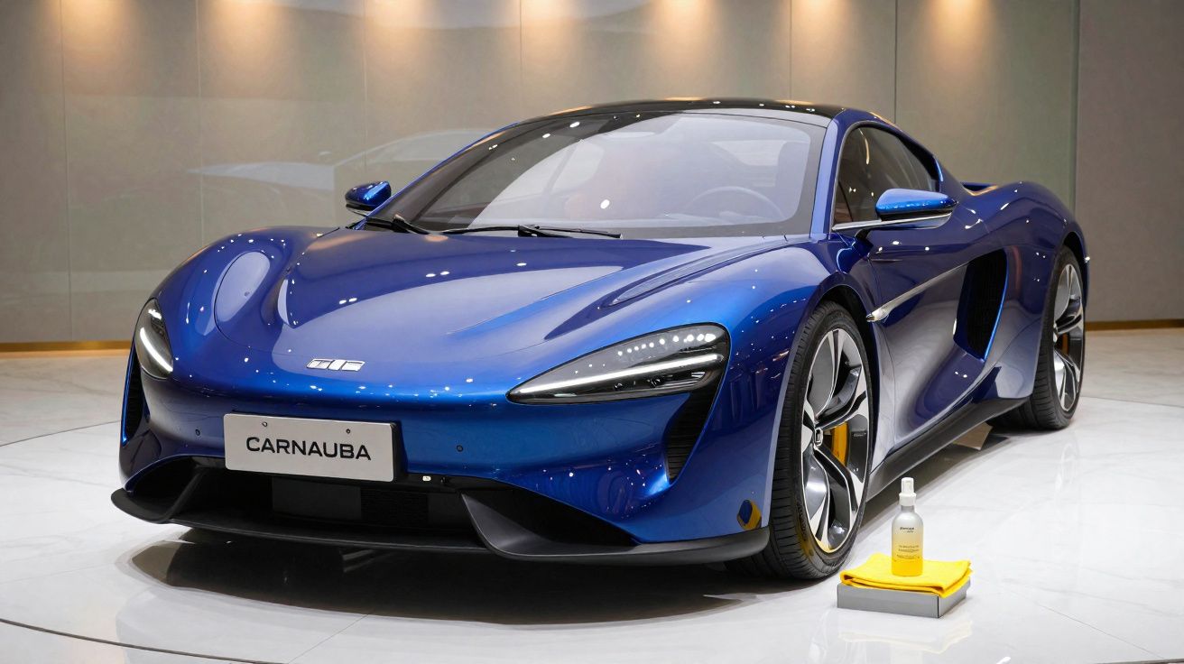 Carro desportivo azul metálico estacionado em interior com produto de limpeza e pano amarelo no chão.