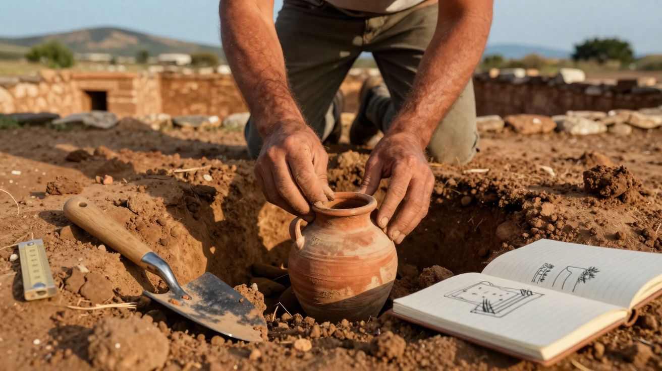 Pessoa a escavar e a retirar um jarro de cerâmica antiga em sítio arqueológico ao ar livre.