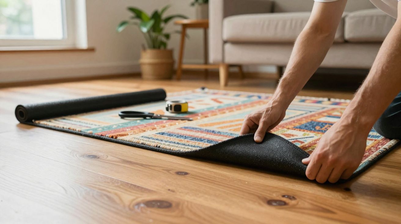 Pessoa a colocar uma base antiderrapante debaixo de um tapete colorido numa sala com chão em madeira.