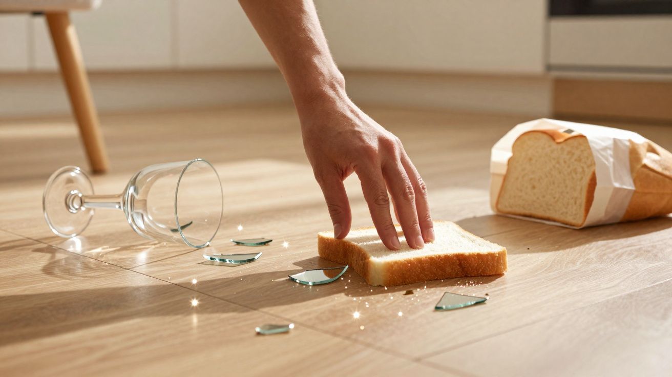 Mão a apanhar estilhaços de vidro junto a um copo partido e uma fatia de pão num chão de madeira.