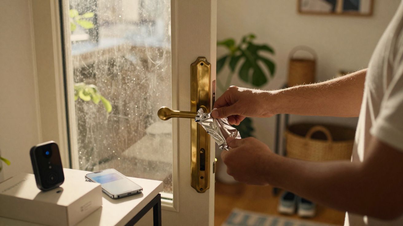 Pessoa a abrir porta de vidro com a mão protegida por papel alumínio para evitar contacto direto.