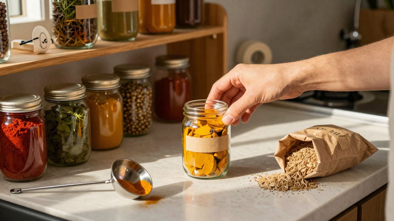Mão a colocar especiarias num frasco de vidro na cozinha com vários frascos e um saco de sementes.