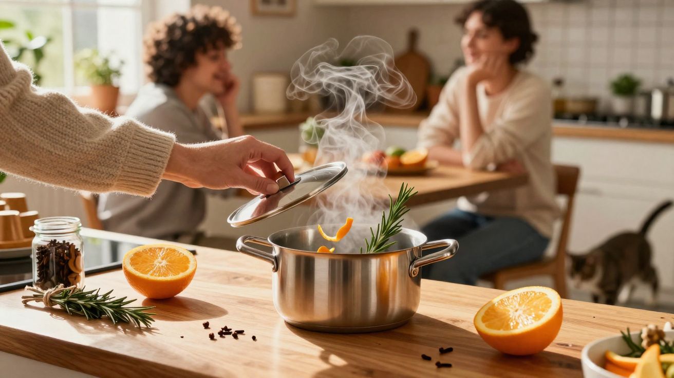 Mão a abrir panela com vapor e raminho de alecrim, laranja cortada, duas pessoas a conversar ao fundo.