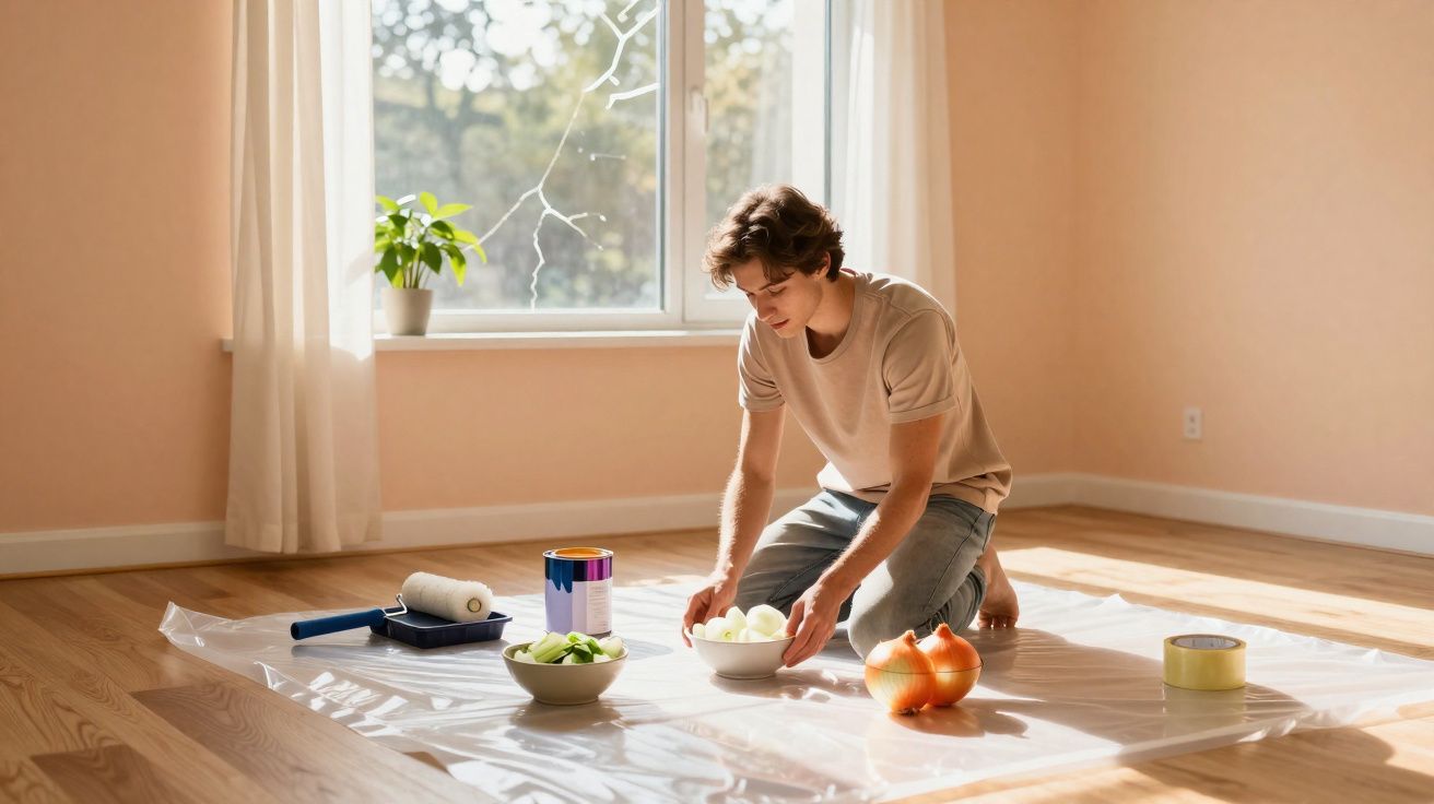 Jovem coloca cebolas numa tigela numa sala vazia junto a uma janela com utensílios de pintura.
