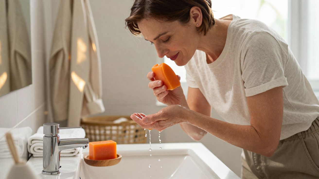Mulher a cheirar sabonete laranja junto a uma pia de casa de banho luminosa.
