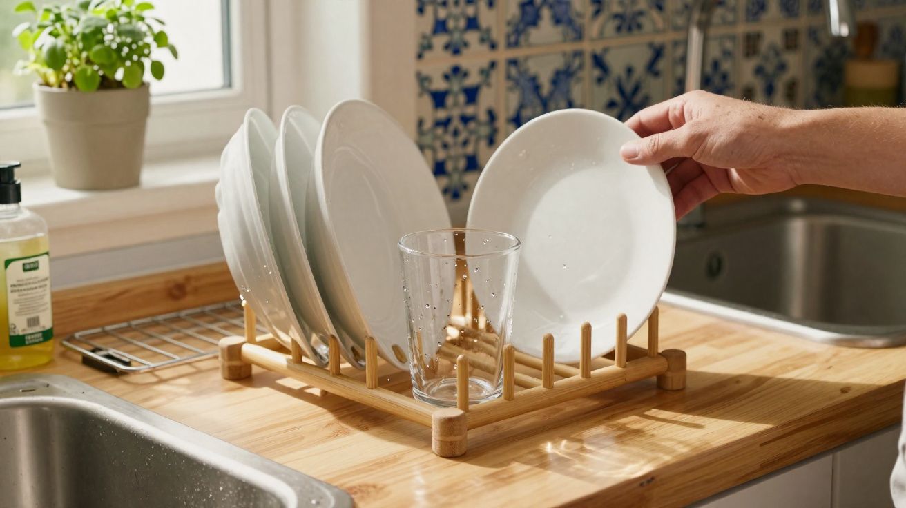 Mão a colocar prato branco numa escorredoura de madeira com pratos e copo a secar na cozinha.