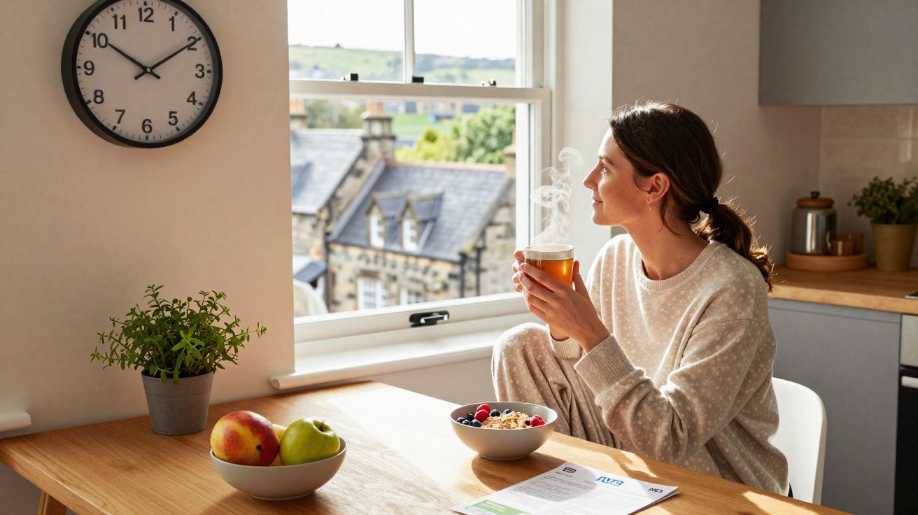 Mulher sentada à mesa numa cozinha, a olhar pela janela e a beber chá, com frutas e cereal na mesa.