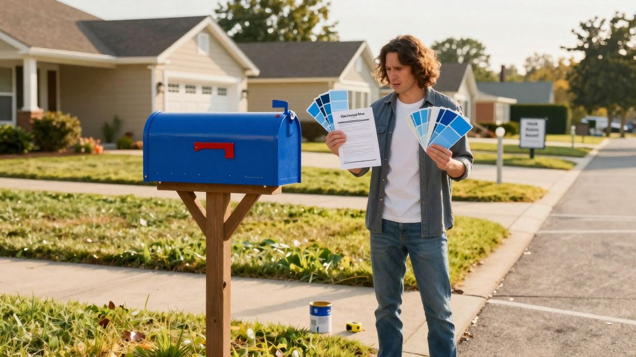 Homem segurando amostras de tinta azul e folha ao lado de caixa de correio azul numa rua suburbana.