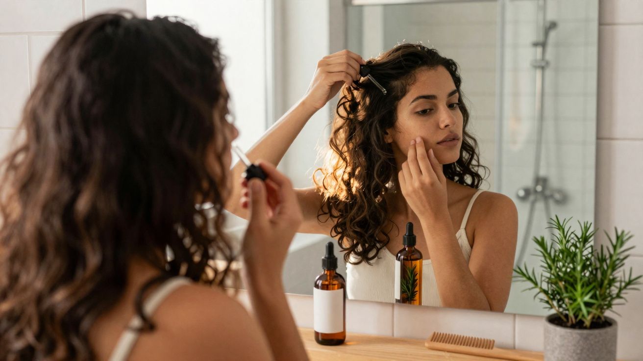Mulher a aplicar sérum no rosto em frente ao espelho numa casa de banho com plantinha ao lado.
