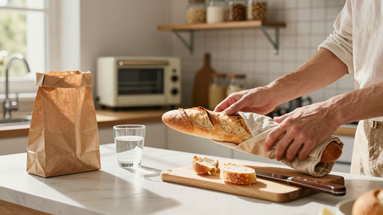 Pessoa a retirar uma baguete embrulhada numa toalha na cozinha com pão cortado e copo de água na bancada.
