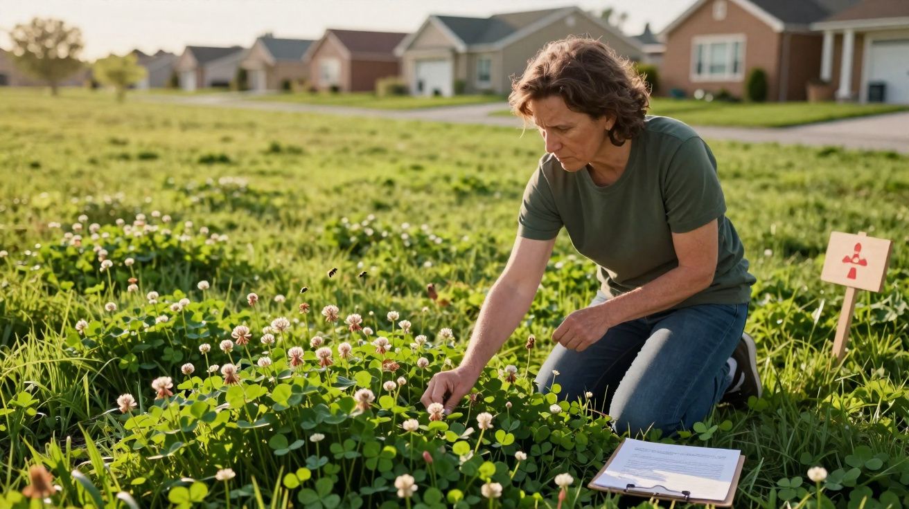Mulher agachada analisando plantas num campo perto de casas, com prancheta e placa de sinalização ao lado.
