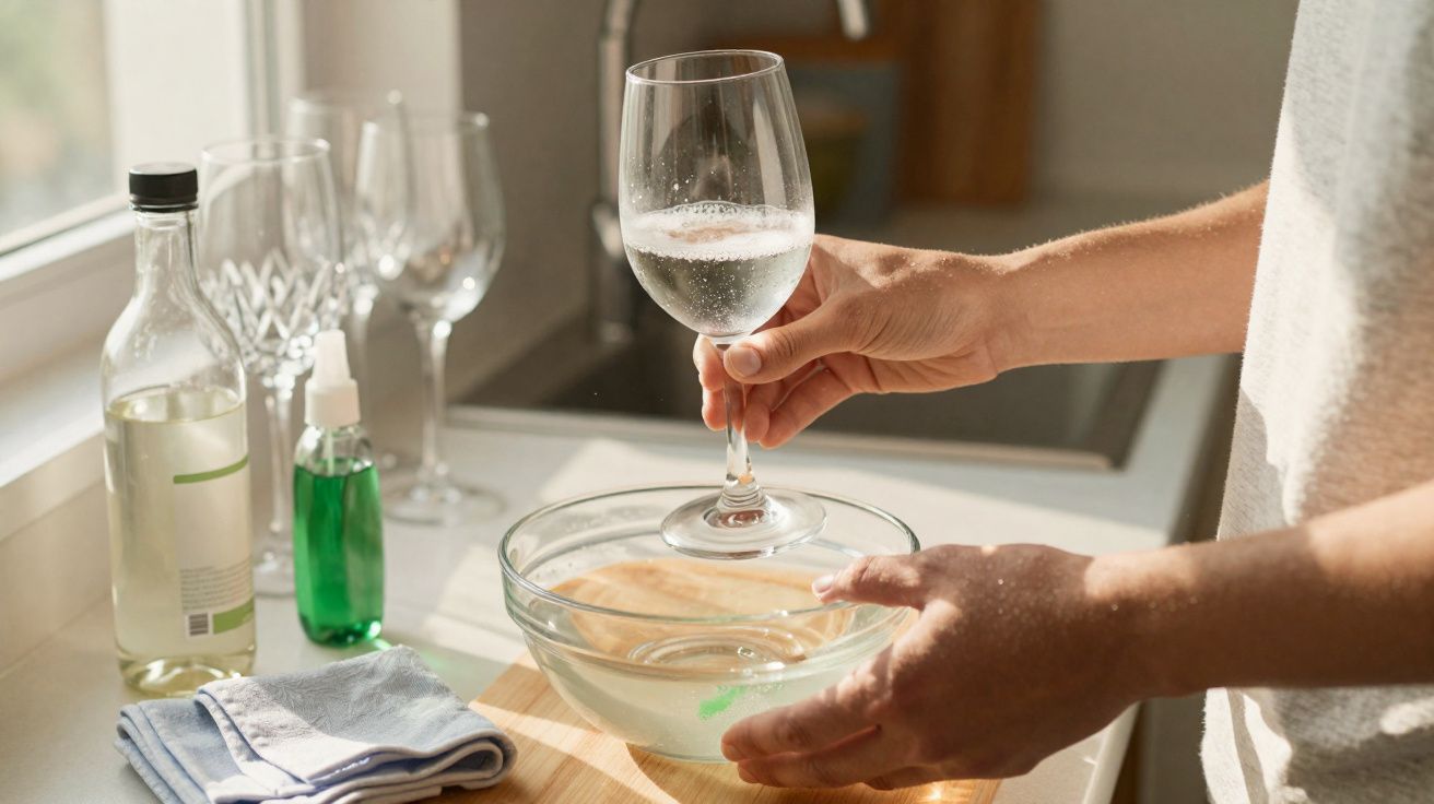 Mãos a lavar uma taça de vidro num recipiente com água, ao lado de garrafas e panos na cozinha.