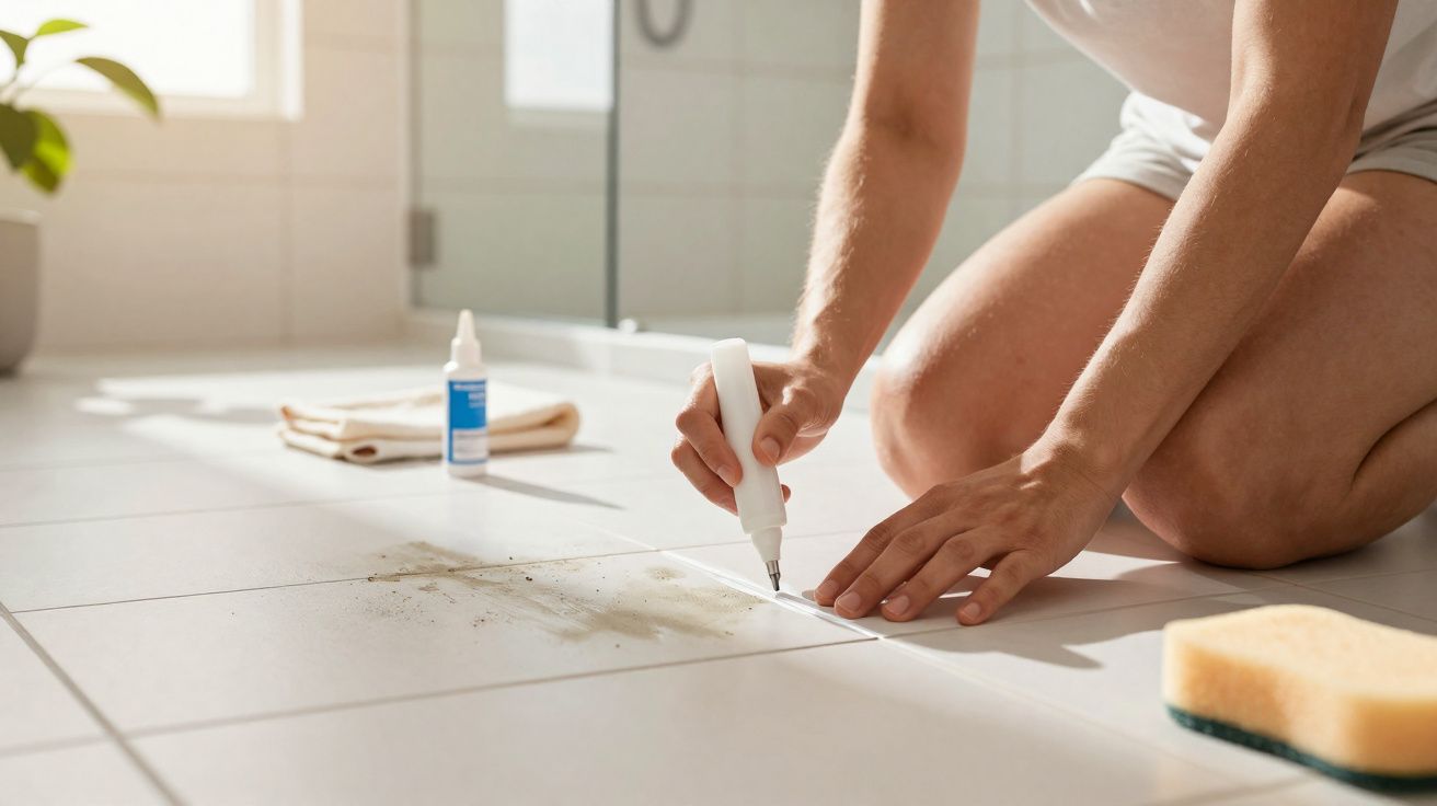 Pessoa a limpar sujidade nas juntas de azulejos brancos numa casa de banho com um marcador branco.