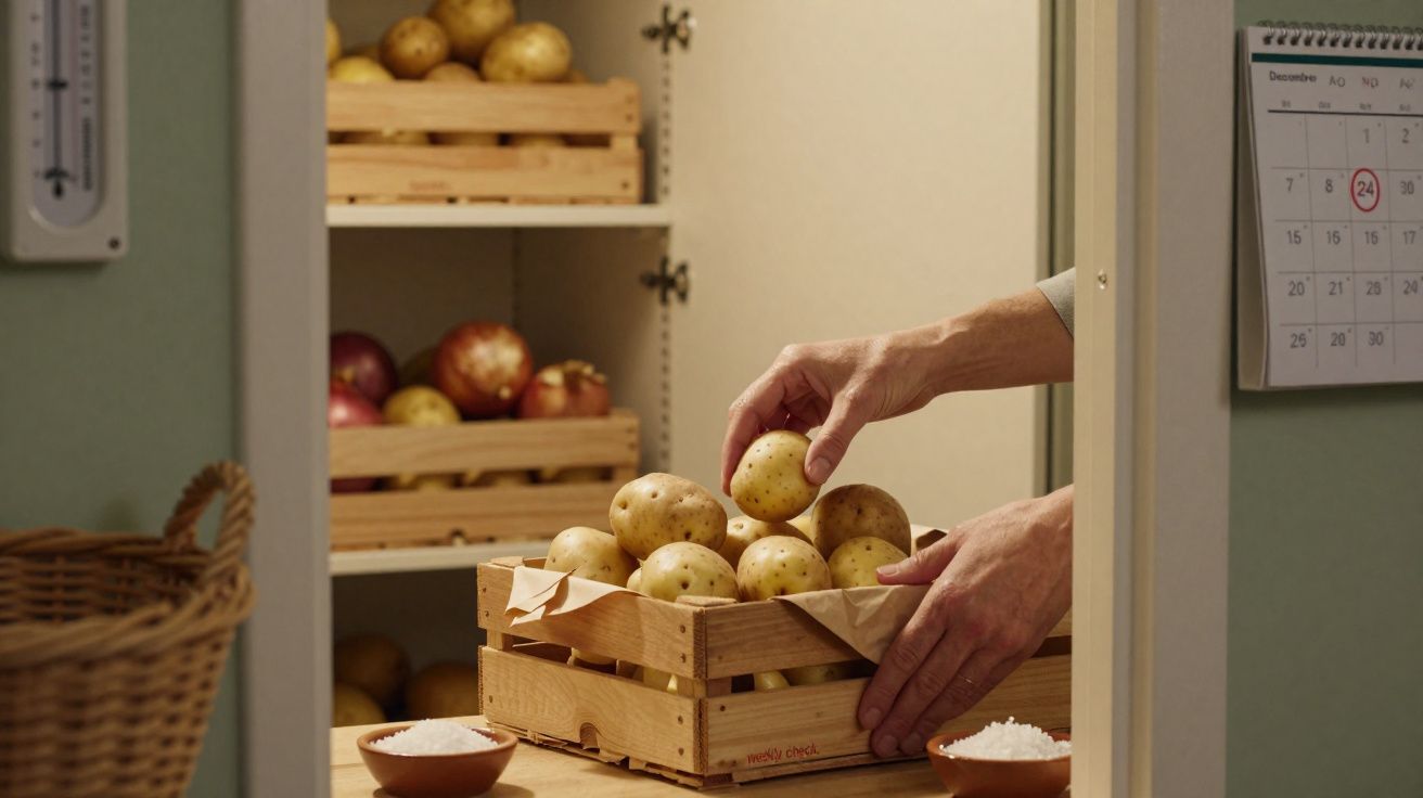 Caixa de madeira com batatas frescas, mãos a apanhar batatas na despensa junto a um calendário.