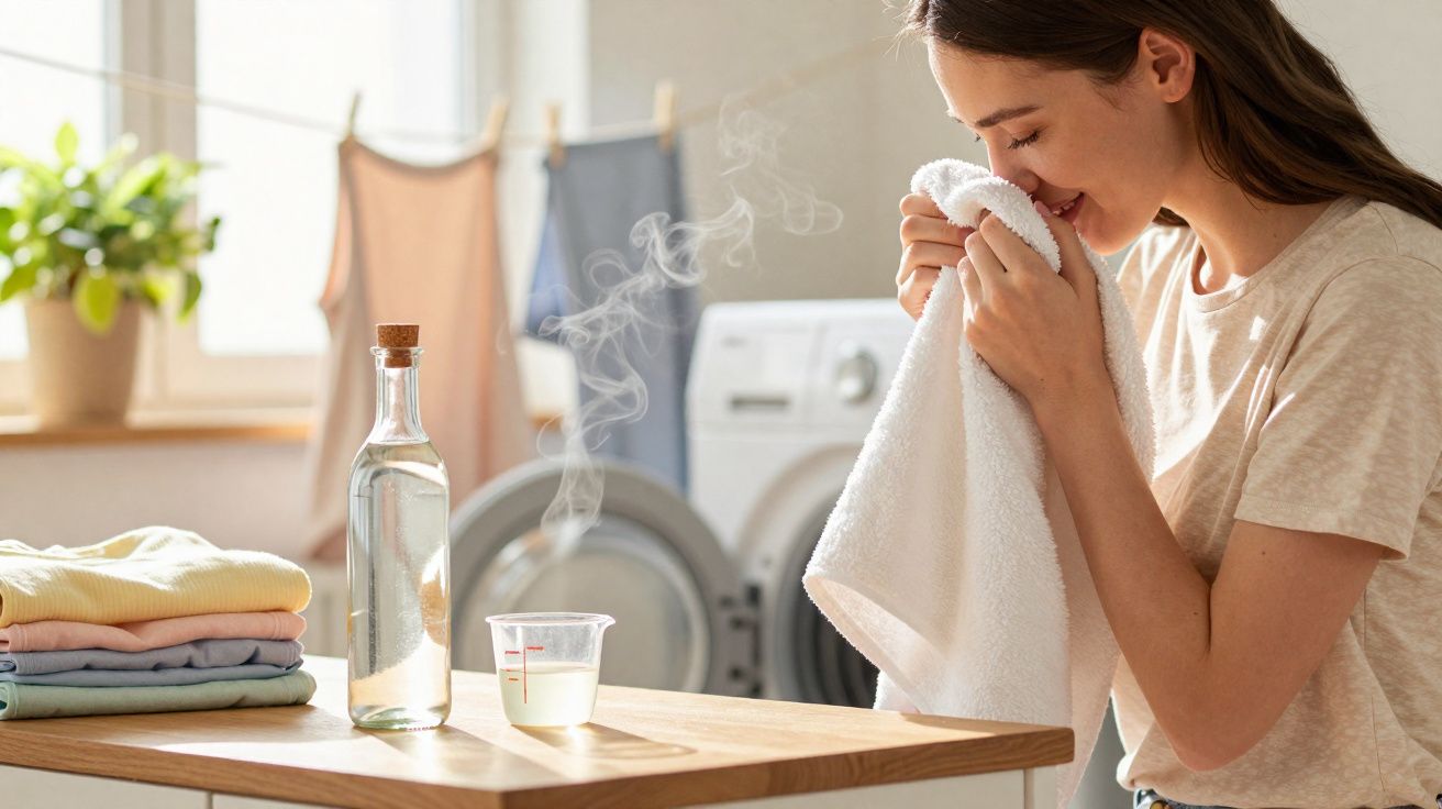 Mulher cheira uma toalha branca fresca ao lado de máquina de lavar e roupas dobradas numa cozinha luminosa.