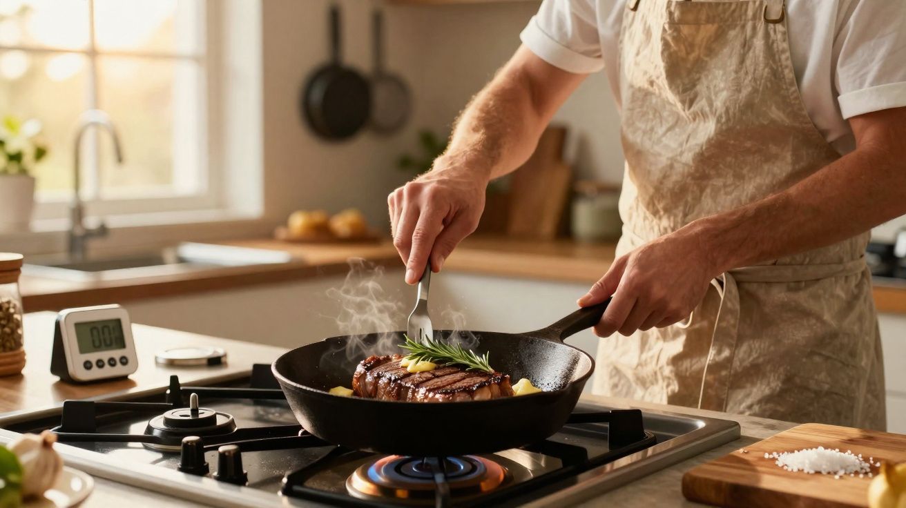 Pessoa a cozinhar bife na frigideira numa cozinha moderna com luz natural a entrar pela janela.