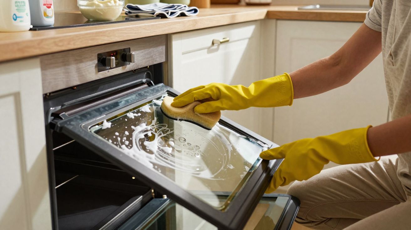 Pessoa de luvas amarelas a limpar a porta de vidro de um forno numa cozinha moderna.