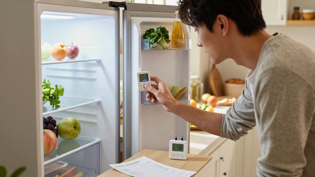 Homem ajusta termómetro digital no interior de frigorífico aberto, com frutas e legumes visíveis.