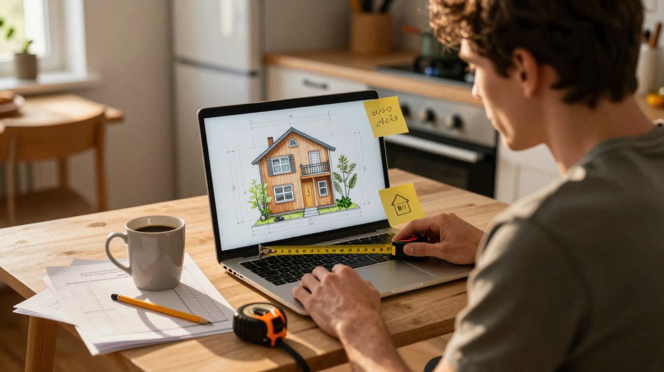 Jovem a usar fita métrica à frente de computador com projeto digital de uma casa num ambiente de trabalho doméstico.