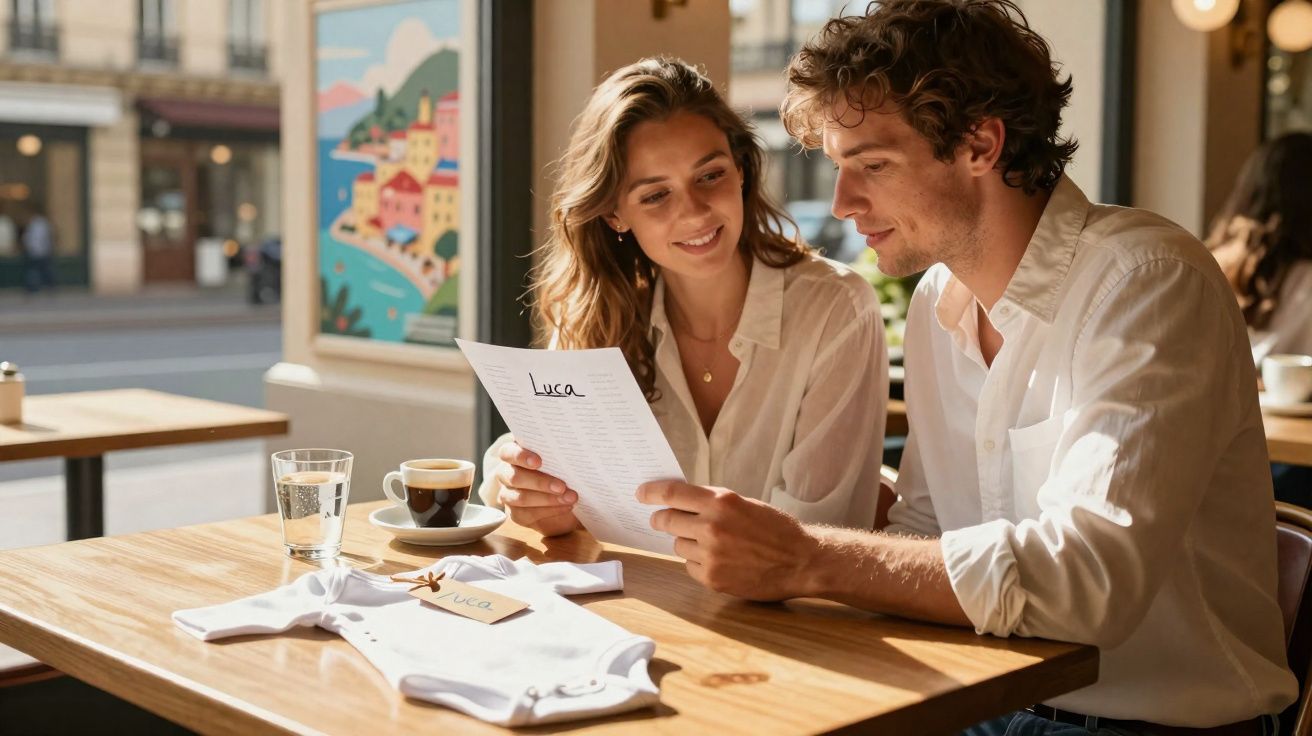 Casal jovem sentado num café, lendo um papel enquanto à frente está uma peça de roupa de bebé com etiqueta.