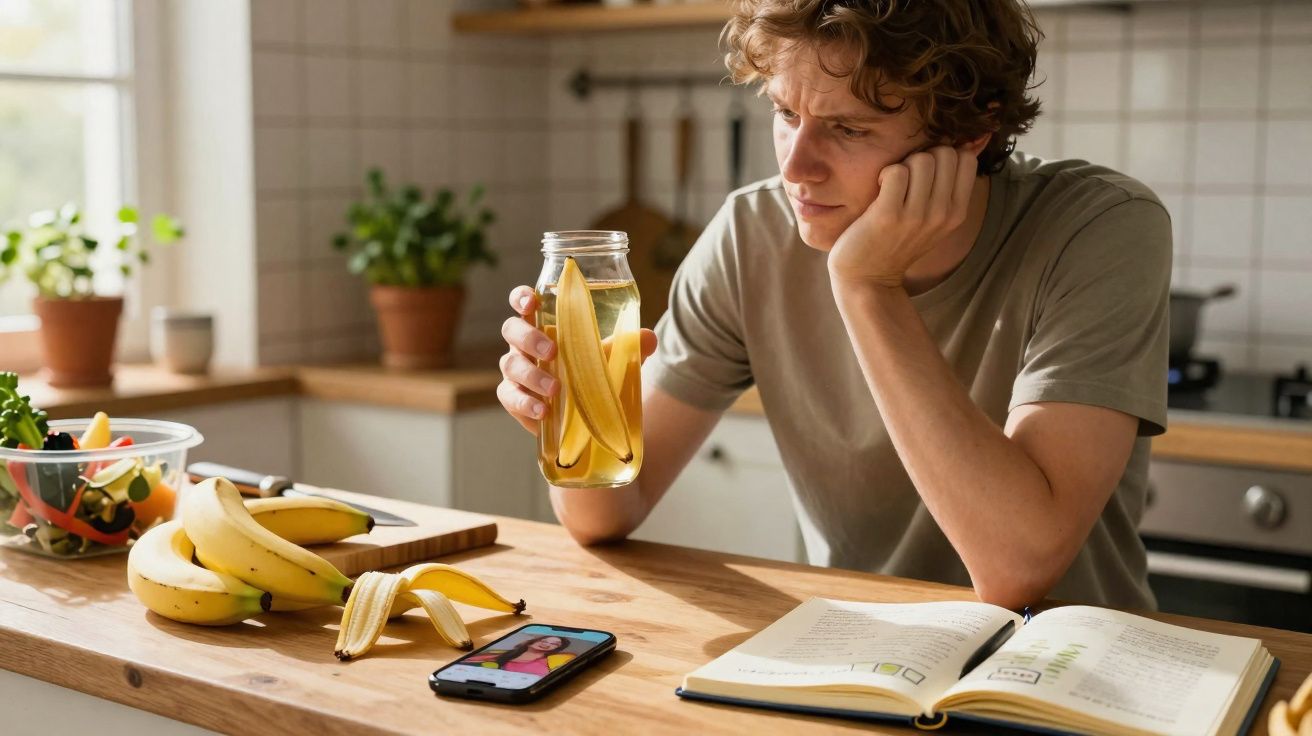 Jovem sentado na cozinha observa vidro com fatias de fruta, com livro aberto e telemóvel numa bancada.