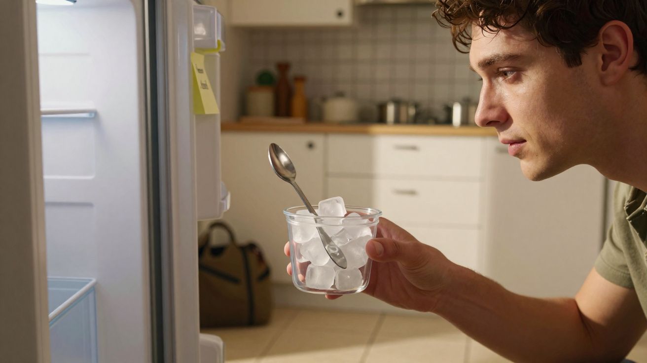 Jovem pegando copo com cubos de gelo e colher junto a frigorífico aberto numa cozinha clara.