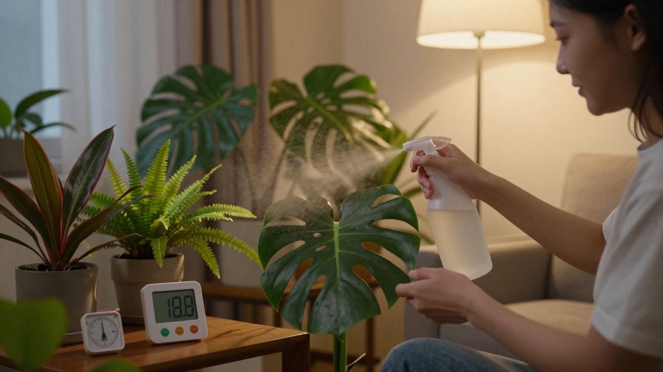 Mulher rega planta com borrifador em sala iluminada com candeeiro e medidores na mesa.