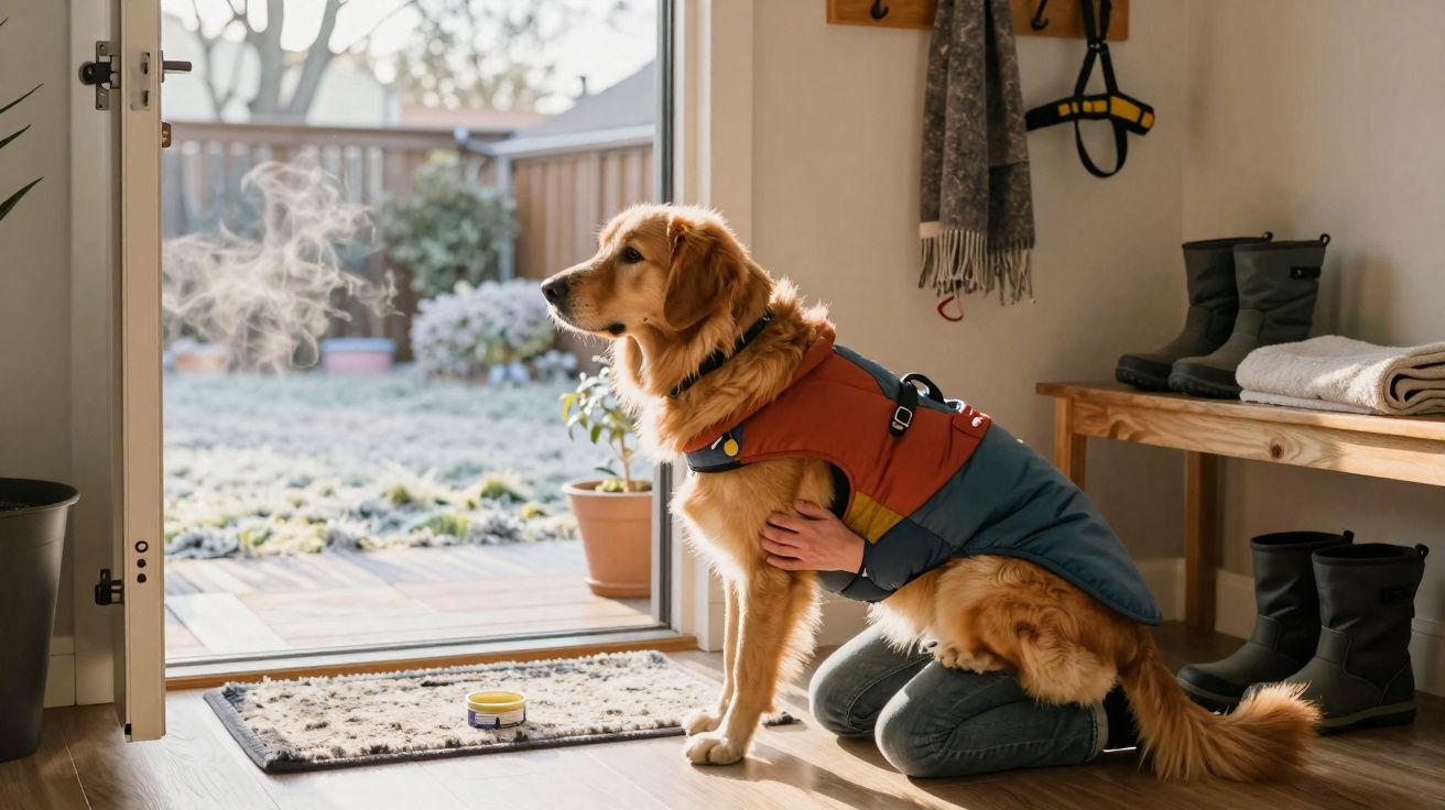 Cão Golden Retriever com casaco colorido a receber carinho dentro de casa perto da porta aberta.