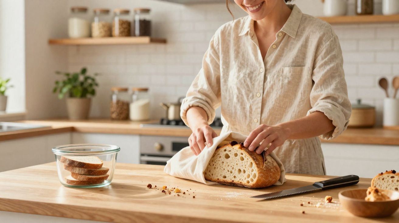 Pessoa a guardar pão caseiro numa cozinha moderna e luminosa, com fatias de pão num recipiente de vidro.