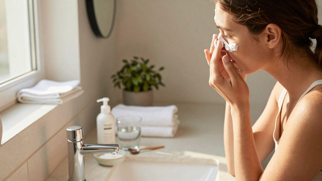 Mulher a aplicar creme hidratante no rosto na casa de banho junto a uma janela, com toalhas e planta ao fundo.