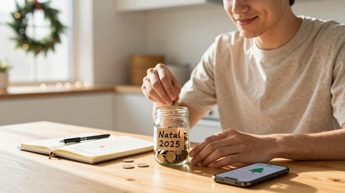 Pessoa a guardar moedas num frasco rotulado "Natal 2025" numa mesa com caderno e telemóvel.