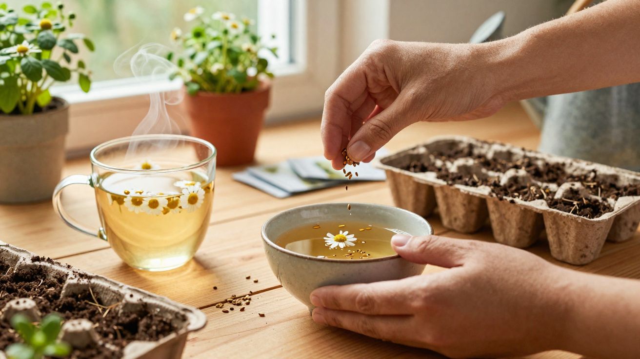 Mãos a semear flores e chá de camomila quente numa mesa com vasos de plantas e terra.