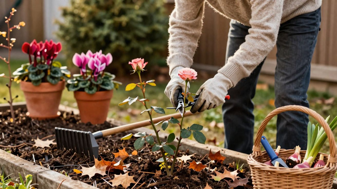 Pessoa a podar rosas num jardim com luvas, ferramentas e vasos de flores ao fundo.