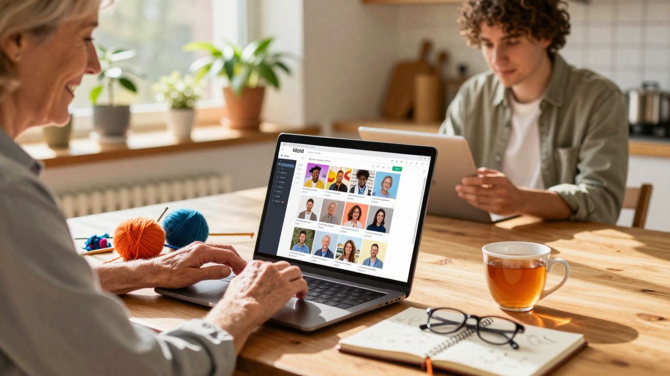 Pessoa mais velha a usar laptop numa mesa de madeira, jovem ao fundo, chá e material de escritório à frente.