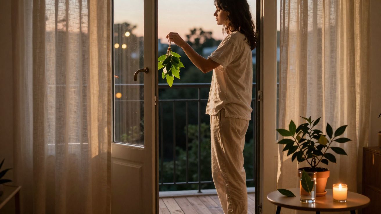 Mulher em pijama segura ramo de folhas junto a porta aberta para varanda ao pôr do sol.