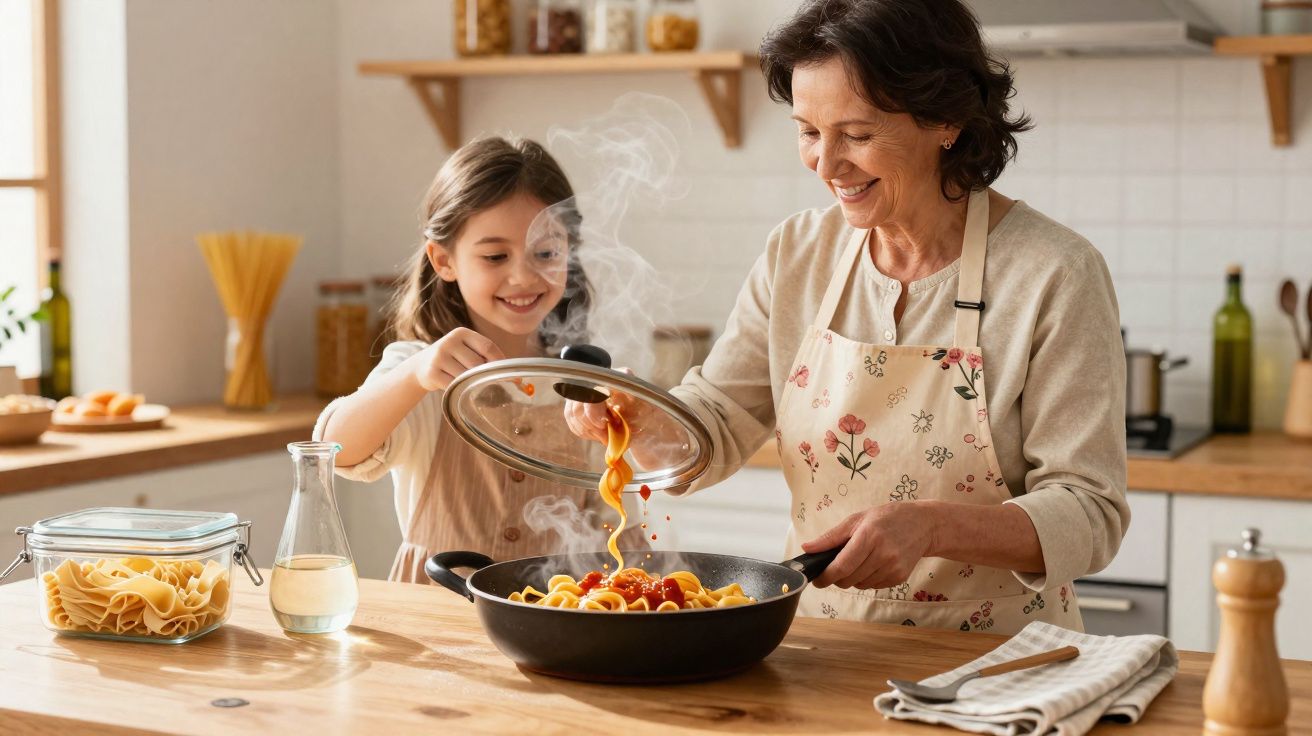 Avó e neta felizes a cozinhar massa com molho de tomate numa cozinha acolhedora.