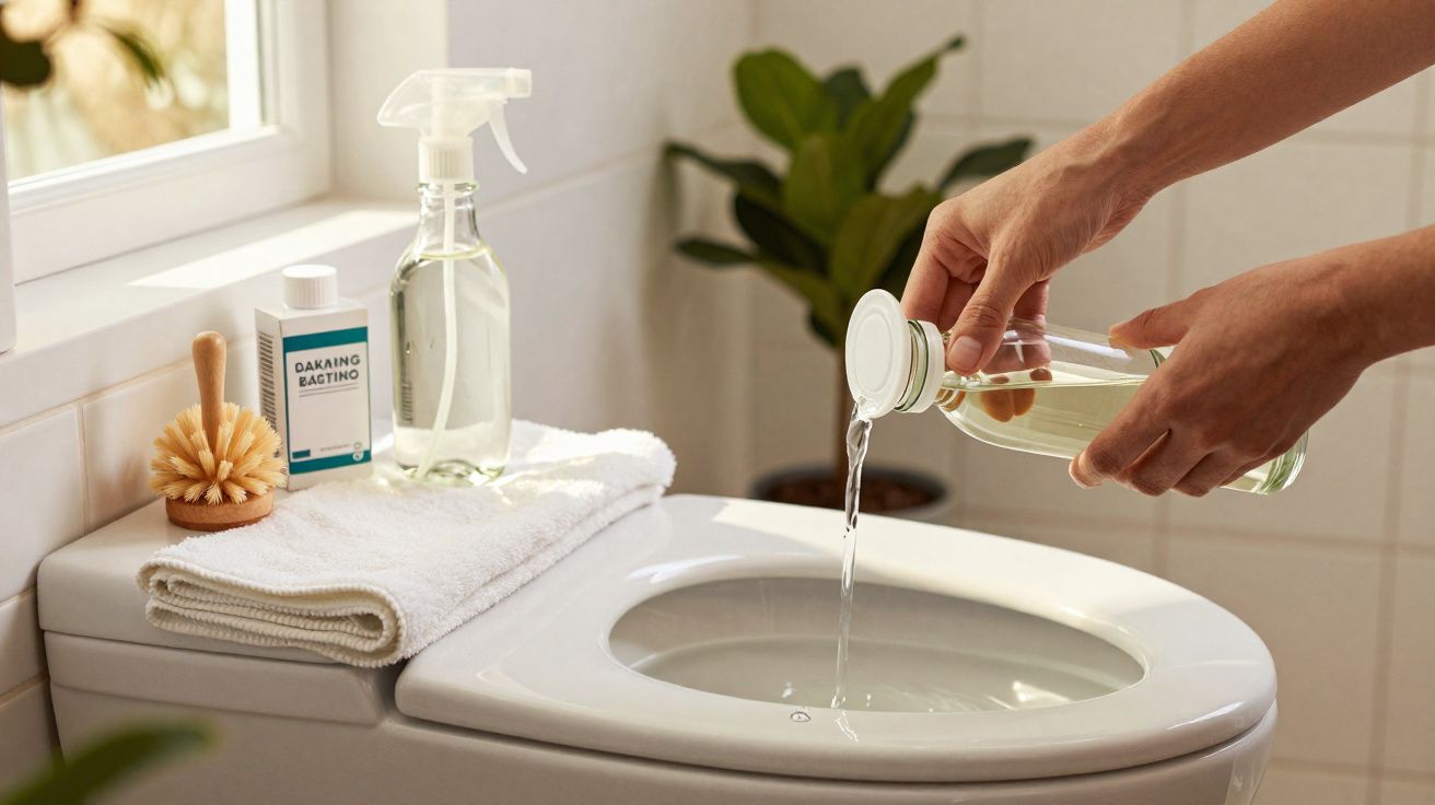 Mãos a deitar líquido de limpeza num sanita branca, ao lado toalha, escova e pulverizador.