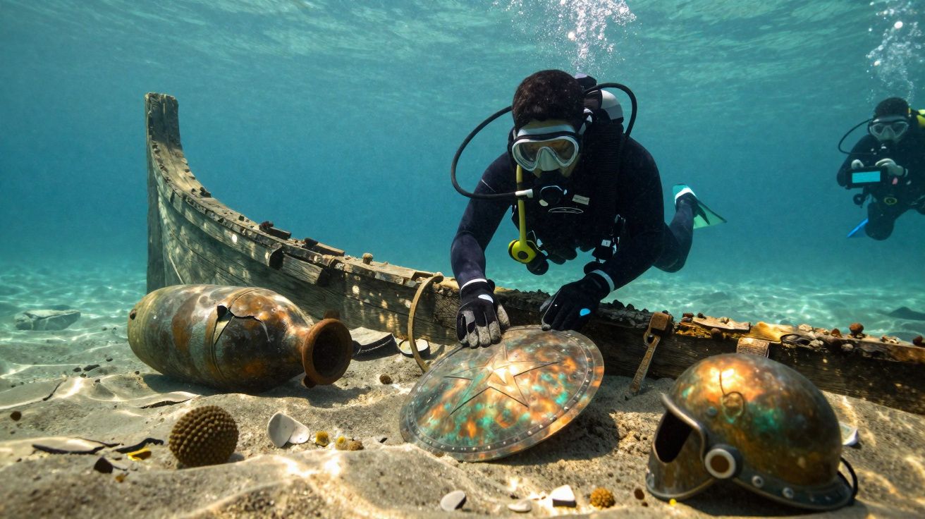 Mergulhador explora naufrágio com objetos antigos como capacete, escudo e ânfora no fundo do mar.
