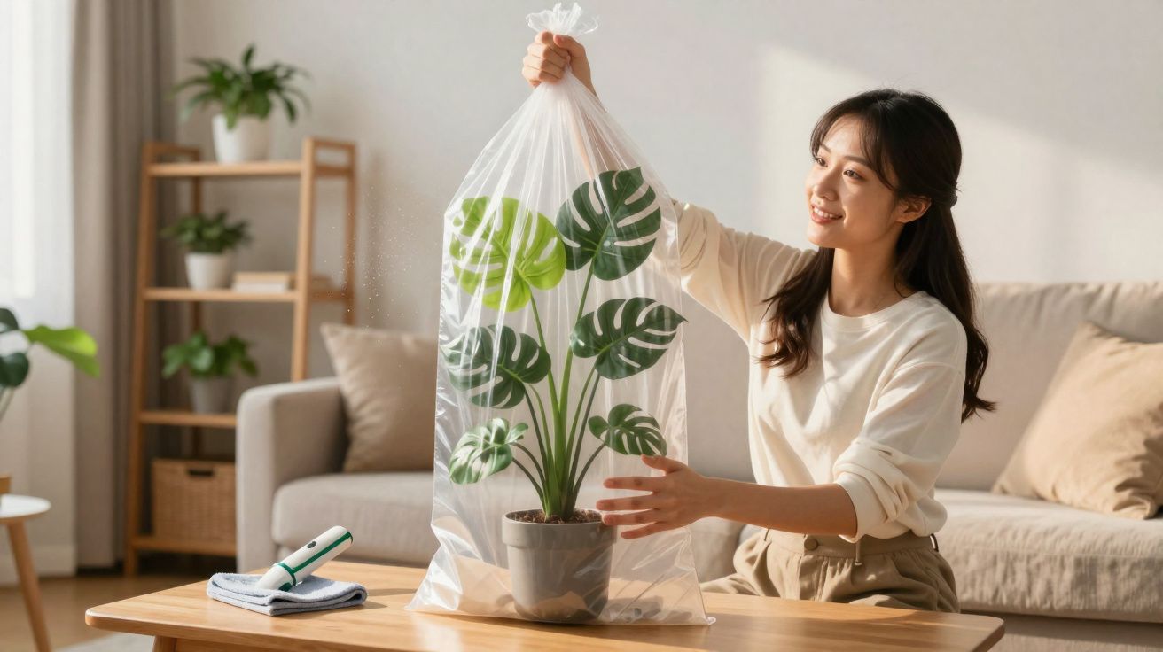 Mulher a embalar planta de interior num saco plástico transparente numa sala iluminada e acolhedora.
