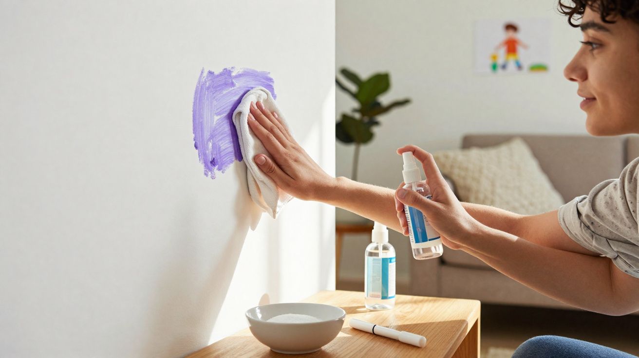 Pessoa a limpar mancha roxa na parede com pano e spray, num ambiente doméstico iluminado.