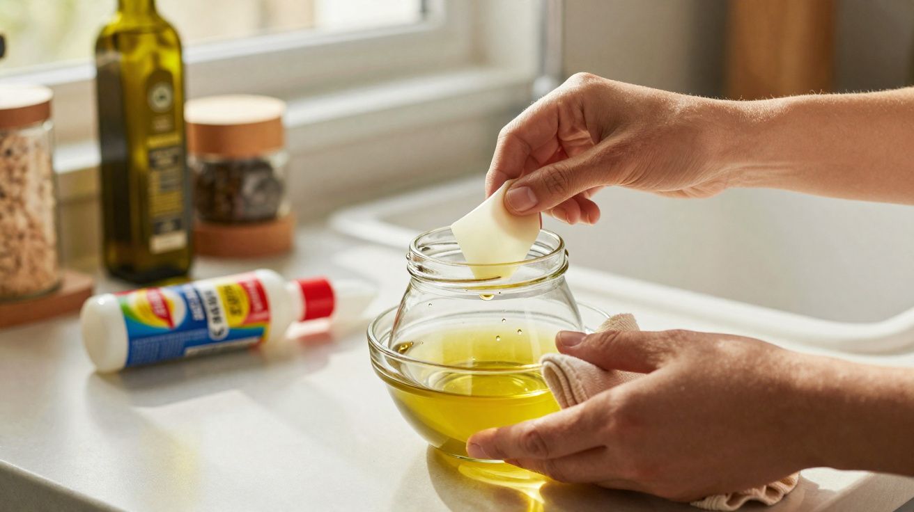 Mãos mergulhando um pedaço de batata num recipiente com óleo numa bancada de cozinha perto de janela.