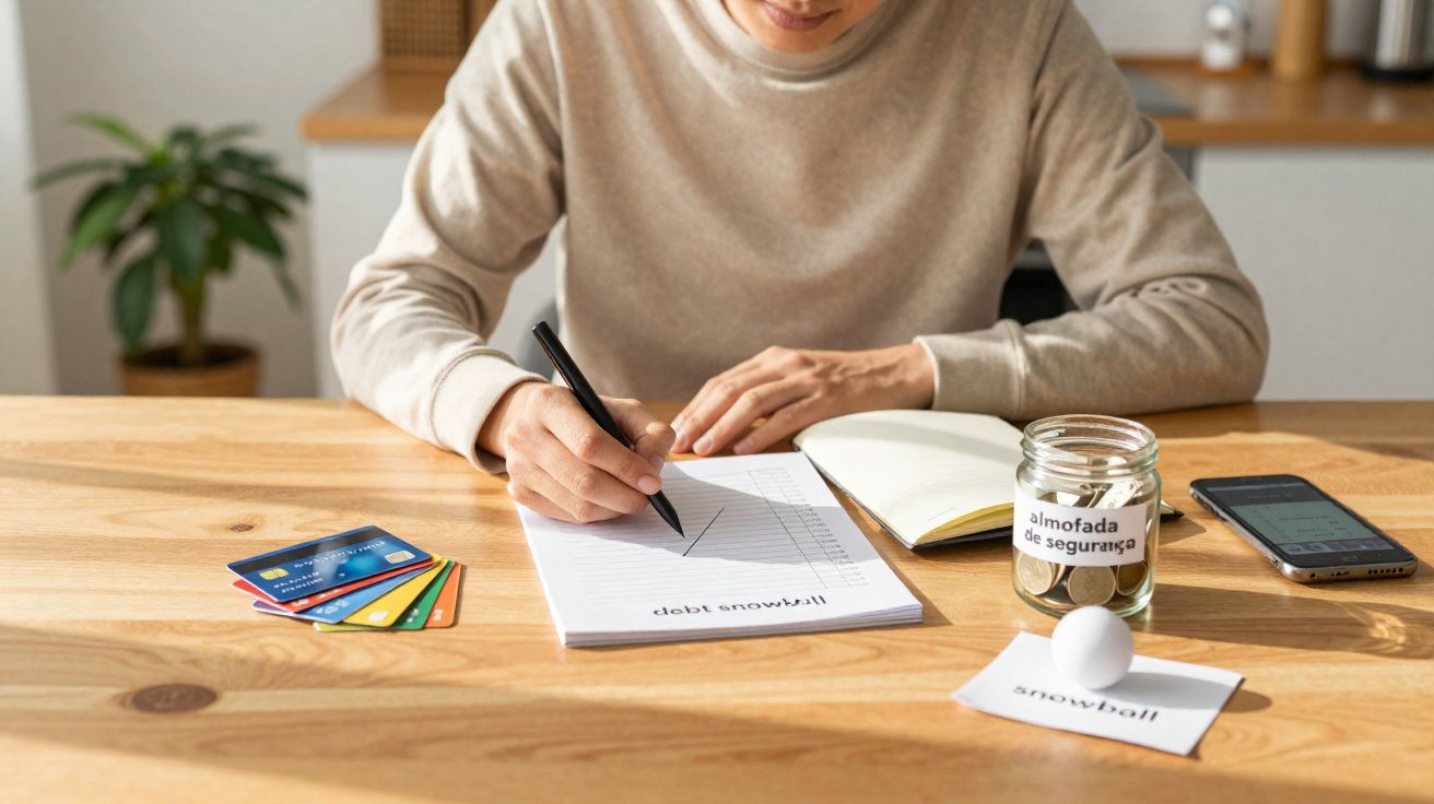 Pessoa a organizar finanças com cadernos, cartões de crédito e pote de moedas numa mesa de madeira.
