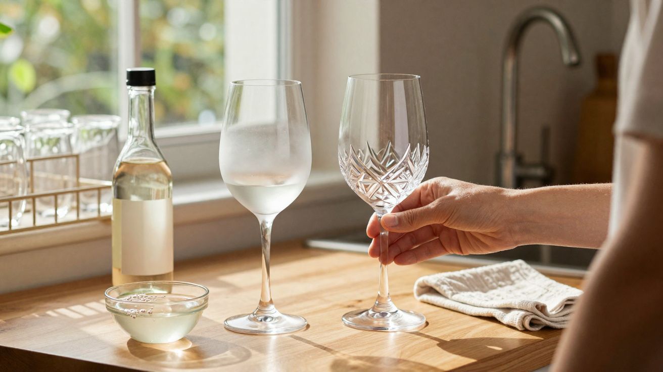 Mão a segurar copo de cristal junto a copo com bebida e garrafa numa cozinha iluminada a luz natural.