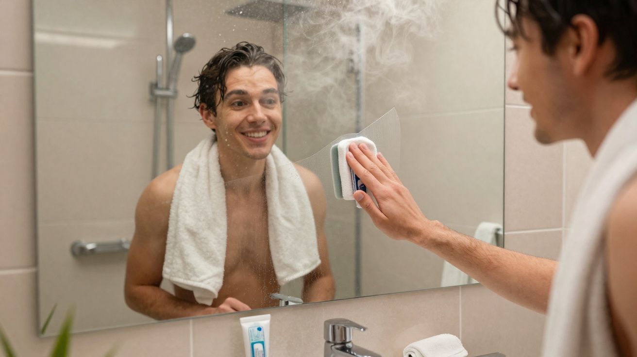 Homem sorridente com toalha ao pescoço limpa espelho embaciado numa casa de banho.