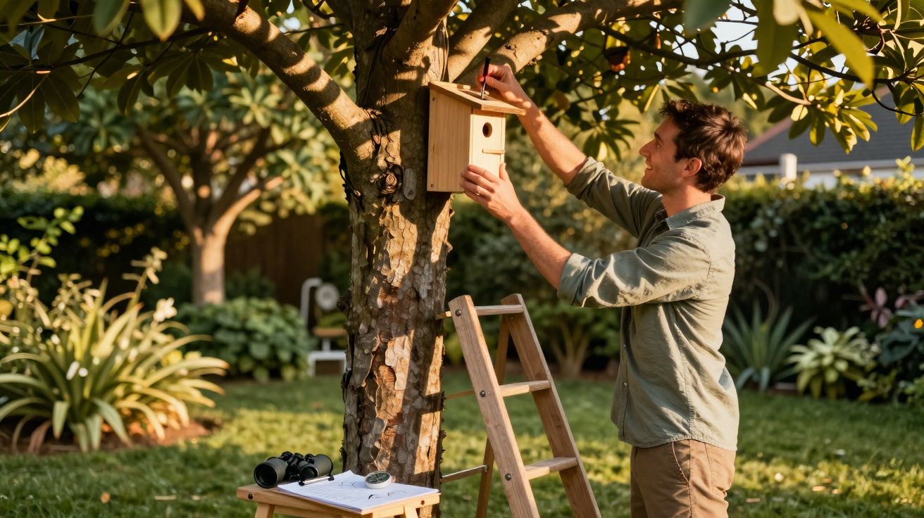 Homem instala uma caixa de ninhos numa árvore num jardim ensolarado durante a tarde.