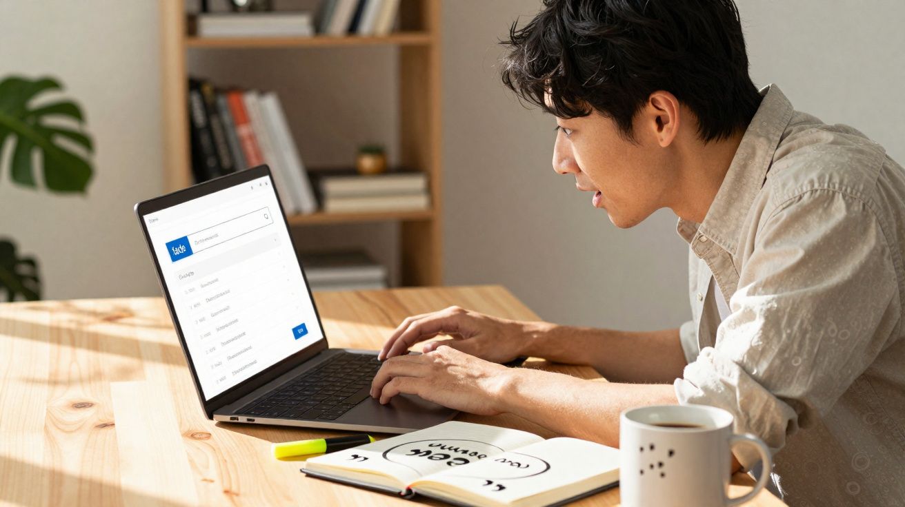 Homem a usar portátil num escritório doméstico, com caderno e caneca numa mesa de madeira clara.