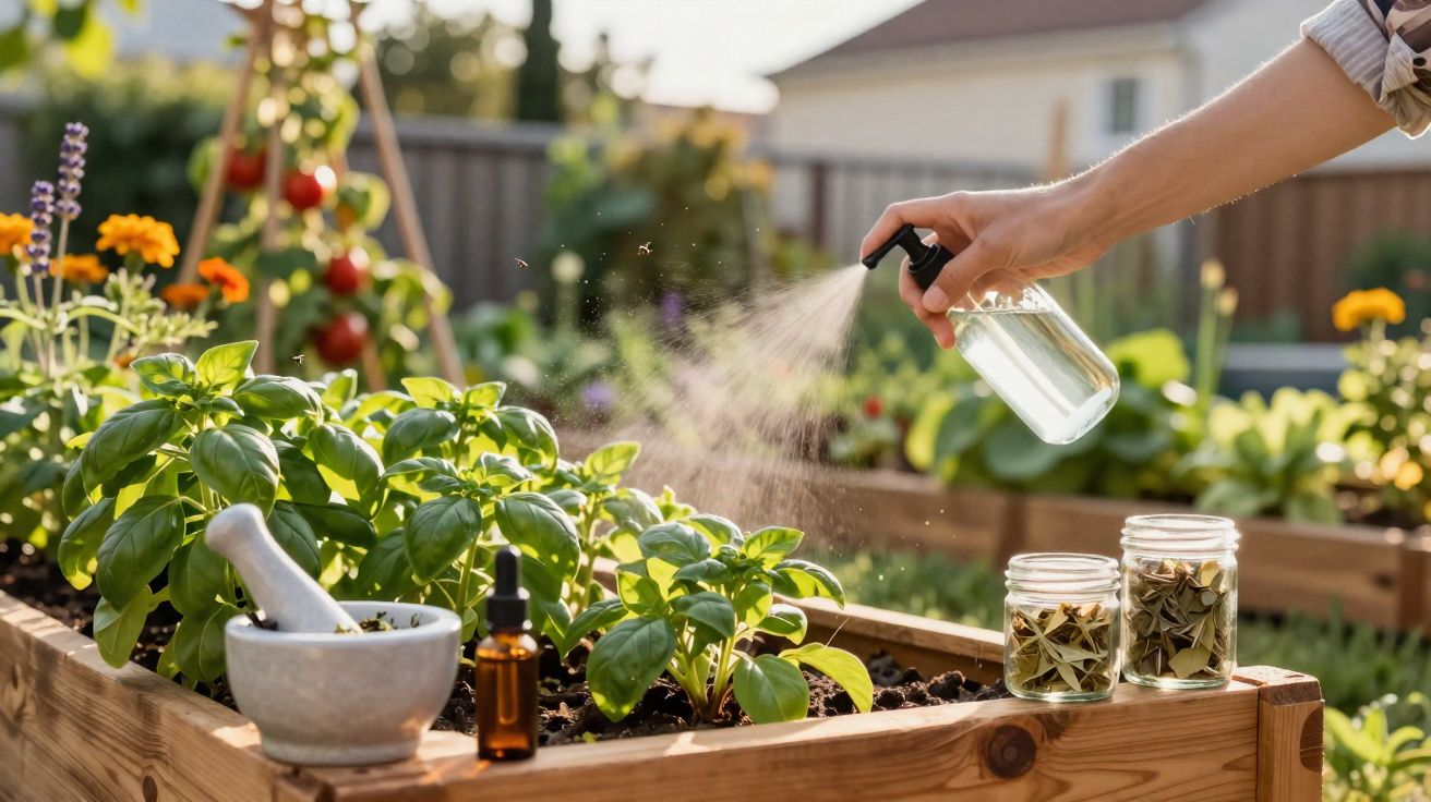 Pessoa a borrifar plantas num canteiro de madeira com frascos de ervas e utensílios de jardinagem.