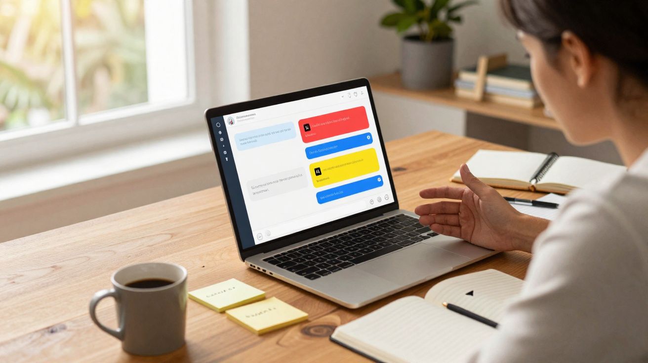 Pessoa a usar computador portátil numa mesa com caderno, caneca de café e notas autocolantes amarelas.