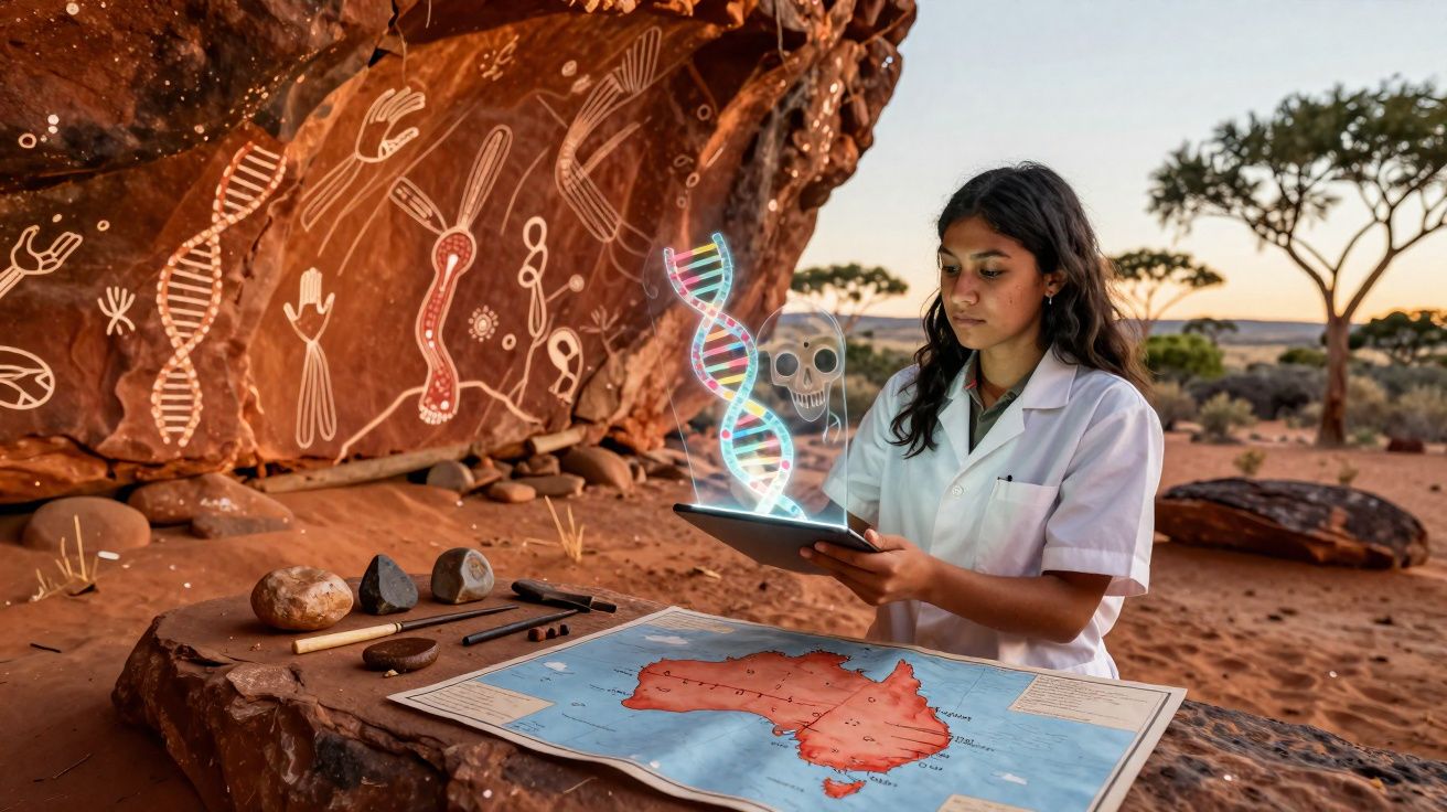Jovem cientista com tablet a analisar DNA projetado, arte rupestre e mapa da Austrália no deserto.