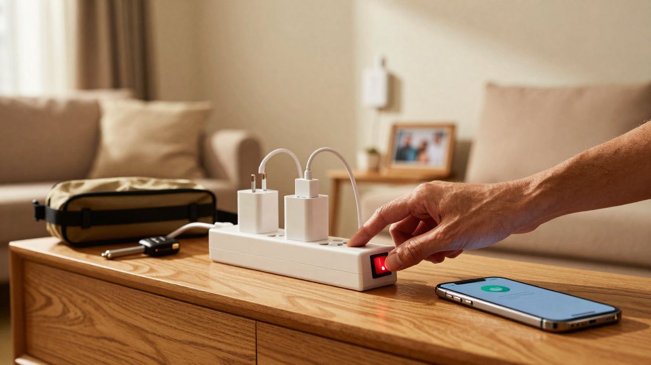Mão a ligar régua de tomadas sobre mesa de madeira com telemóvel, mala, e comando num ambiente doméstico.